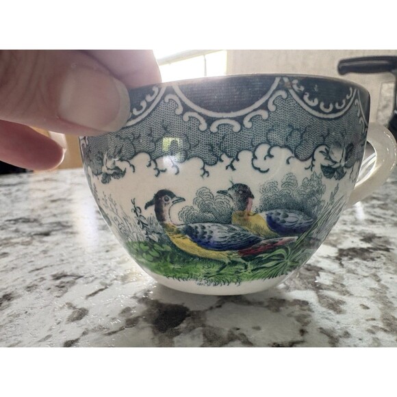 PV France Quimper Style Scenic Teacup Saucer Rare HTF Birds and Flowers SEE Pics - Picture 3 of 11